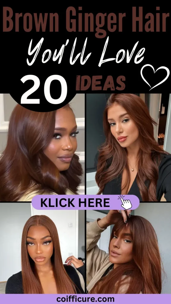 Brown Ginger Hair You'll Love - 20 Ideas! Explore stunning brown ginger hair inspiration featuring sleek, glossy styles and voluminous waves. Perfect for a warm, rich look that complements any season. Text in bold with a heart design enhances the inviting theme, while 'Klick Here' button and coifficure.com branding add a call-to-action for more ideas. Modern aesthetic with soft lighting highlights the vibrant hues and elegant hairstyles.