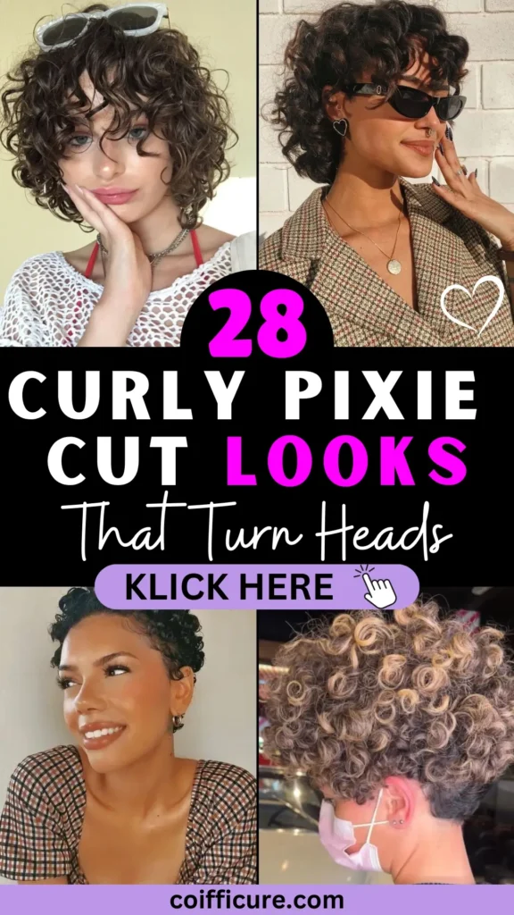 28 Curly Pixie Cut Looks That Turn Heads! A vibrant Pinterest pin showcasing trendy curly pixie hairstyles in various textures and colors. Bold text pops in white and pink against a black background, paired with handwritten accents for a modern feel. 'Click Here' button in purple adds a call-to-action, while coifficure.com branding anchors the design. Features stylish outfits and natural lighting to highlight the curls, creating an inspiring and chic hair guide.
