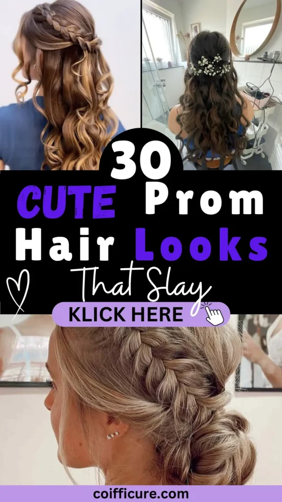 Eye-catching Pinterest pin titled “30 Cute Prom Hair Looks That Slay” featuring four dreamy hairstyles perfect for prom. Includes braided half-up curls, floral-accented waves, and an elegant braided updo. Fun and youthful design with bold black, white, and purple text, heart doodle, and a “KLICK HERE” button with a hand icon. Ideal for teens seeking prom hair inspo. Website coifficure.com is displayed in a purple footer for more ideas.