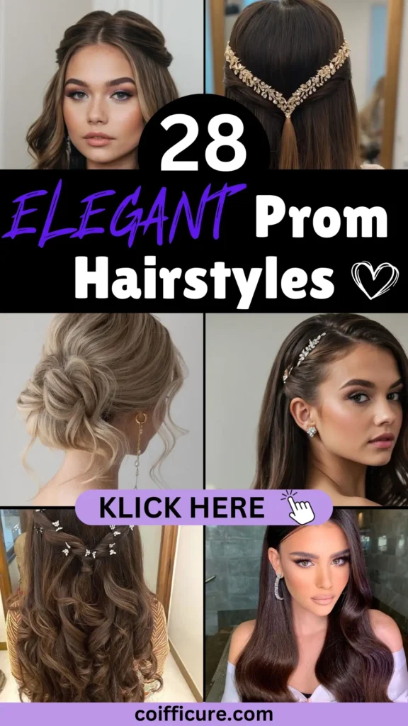 Stylish Pinterest pin titled “28 Elegant Prom Hairstyles” featuring six classy hairstyle ideas perfect for prom. Looks include soft waves, sleek straight styles, braided updos, and half-up hairstyles adorned with jeweled accessories. Elegant black, white, and purple design with heart doodles and a “KLICK HERE” button invites users to explore more. Ideal for teens or young women seeking chic, polished prom hair inspo. Website coifficure.com is noted at the bottom in a lavender footer.