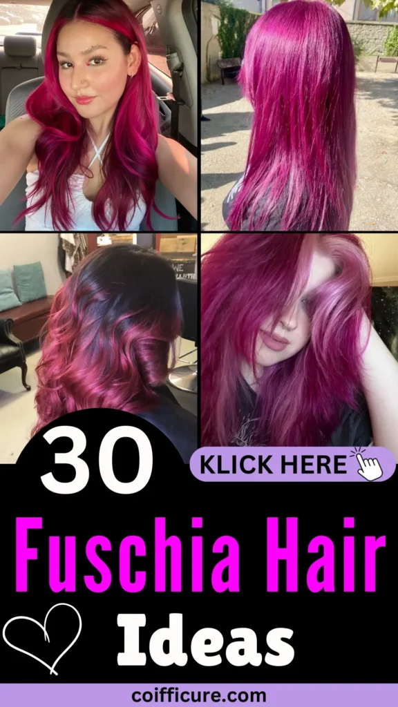 30 Fuchsia Hair Ideas – Vibrant Pinterest pin showcasing bold fuchsia hairstyles, from sleek straight locks to voluminous curls. Text in bold white and pink contrasts with a black background, paired with a heart graphic for a chic, playful vibe. 'KLICK HERE' button in purple adds an interactive call-to-action. Images highlight glossy, vivid hair shades in natural and indoor settings. Modern, stylish theme with coifficure.com branding for professional appeal.