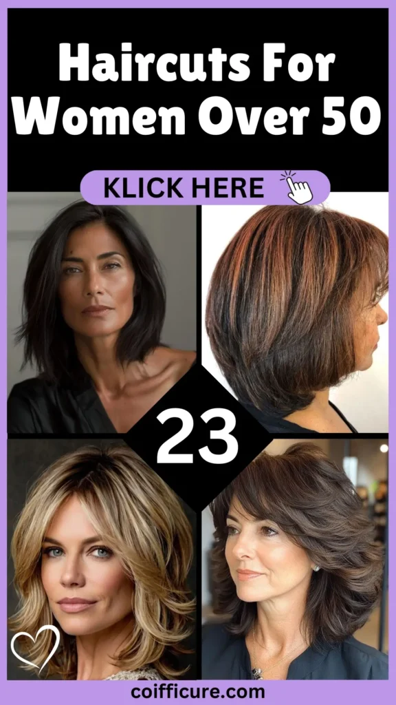 Haircuts for Women Over 50 – 23 Stylish Ideas! A Pinterest pin featuring elegant hairstyles for mature women, including layered bobs, voluminous cuts, and textured waves. Bold white text on a black background grabs attention, framed by a soft lavender border for a modern look. 'KLICK HERE' button adds interactivity, while coifficure.com branding ensures credibility. The heart graphic enhances the feminine theme, showcasing versatile styles perfect for sophistication and confidence.
