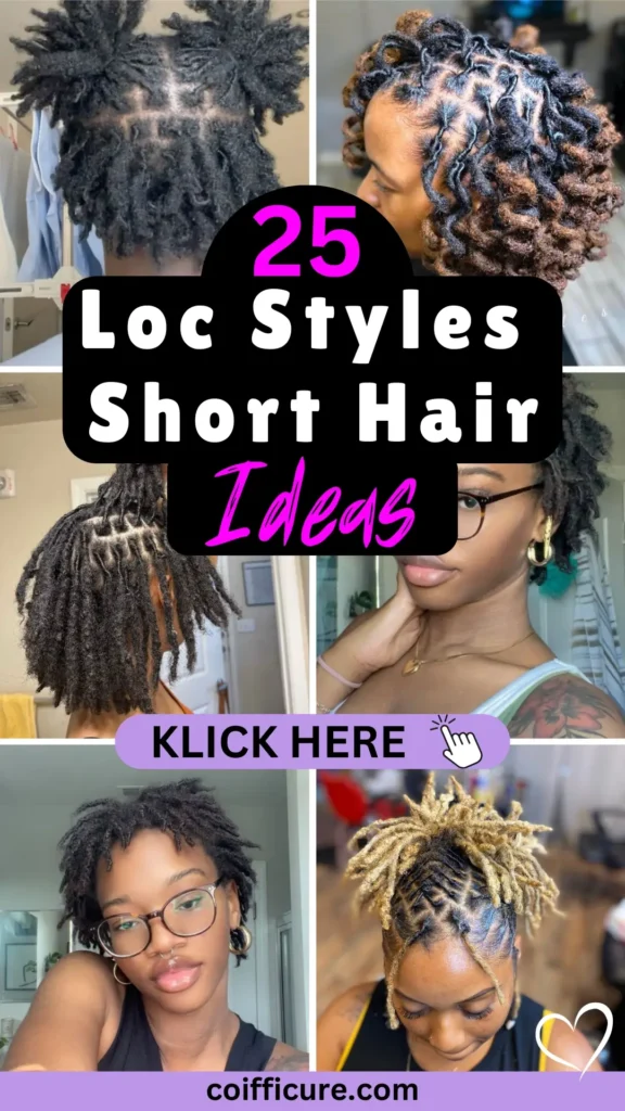 25 Loc Styles for Short Hair Ideas! A vibrant Pinterest pin featuring trendy loc hairstyles, from twisted updos to free-flowing locs. Bold white and pink text stands out against a black background, with a handwritten accent adding flair. A lavender 'KLICK HERE' button invites engagement, while coifficure.com branding ensures professionalism. Images highlight natural textures and creative styling in everyday settings, perfect for short hair inspiration