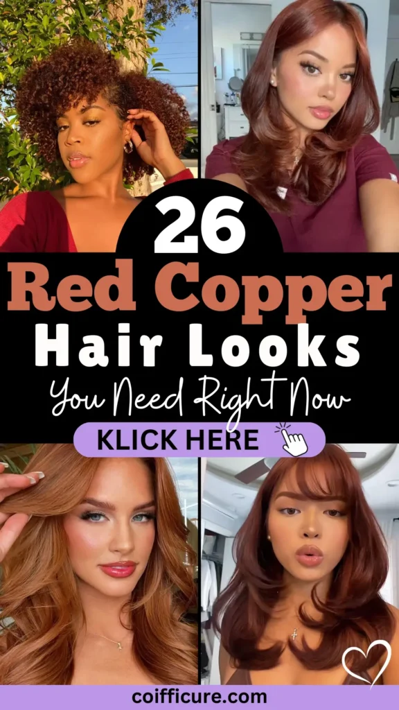 Pinterest pin featuring '26 Red Copper Hair Looks You Need Right Now' with bold white and copper text on a black banner. Collage highlights diverse red copper hairstyles: natural curls, soft waves, layered cuts, and glossy finishes. A purple call-to-action button reads 'KLICK HERE' with a hand icon. Bottom branding includes 'coifficure.com' in black on a lavender background. The theme emphasizes trendy, vibrant red copper hair inspiration for all hair types.