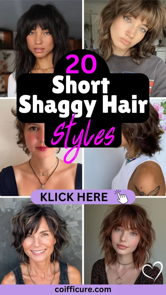 Pinterest pin titled '20 Short Shaggy Hair Styles' with bold white and pink text on a black background. Features a collage of trendy short shaggy hairstyles, including tousled layers, textured waves, and choppy cuts. A lavender button at the bottom reads 'KLICK HERE' with a hand icon, inviting users to explore more. Branding 'coifficure.com' is displayed on a lavender strip at the bottom, emphasizing modern, casual hair inspiration.