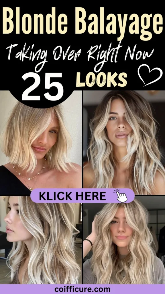 Pin titled 'Blonde Balayage Taking Over Right Now – 25 Looks' with bold cream and white text on a black banner and heart icon. Collage highlights trendy blonde balayage styles, featuring soft waves, textured layers, and dimensional highlights. A lavender button labeled 'KLICK HERE' with a hand icon adds interactivity. Branding 'coifficure.com' is placed at the bottom, showcasing modern hair color ideas.