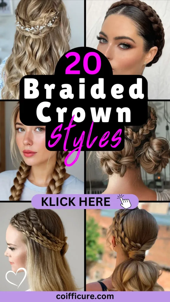 Pinterest pin showcasing '20 Braided Crown Styles' in bold white and pink text on a black banner. Collage features elegant braided crown hairstyles with floral embellishments, intricate weaves, and versatile designs for formal occasions. A lavender button labeled 'KLICK HERE' with a hand icon invites clicks. Branding 'coifficure.com' appears at the bottom on a lavender strip, offering creative braid inspiration.