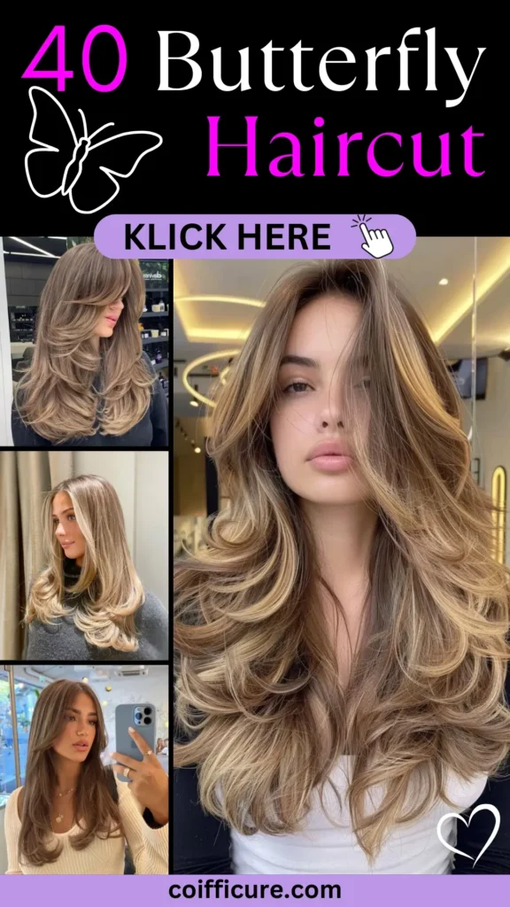 Pin showcasing "40 Butterfly Haircut" styles with voluminous, feathered layers that create a soft, bouncy effect. Features trendy long layered cuts with face-framing highlights and natural brunette to blonde balayage tones. Text overlay includes “CLICK HERE,” butterfly icon, and website coifficure.com. Aesthetic, feminine, and bold design targeting hairstyle inspiration seekers. Modern salon-worthy look in a vibrant format.