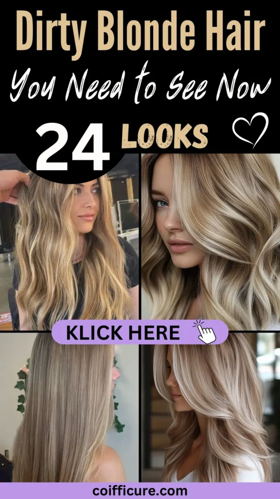 Stylish Pinterest pin titled “24 Dirty Blonde Hair Looks You Need to See Now” featuring four beautiful hairstyles in soft, cool-toned dirty blonde shades. Looks include long beachy waves, voluminous layers, and smooth blowouts. Eye-catching design with tan and white text, heart doodle, and lavender “KLICK HERE” button. Great for natural blonde inspo. Website coifficure.com is displayed at the bottom.