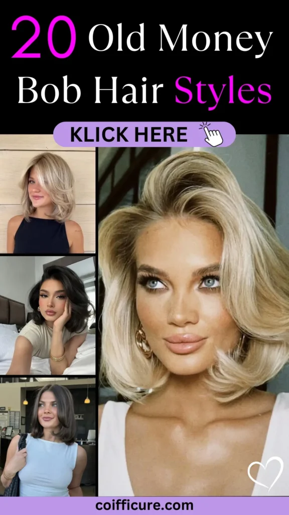 Pinterest pin titled “Old Hollywood Hair – 30 Styles That Channel Pure Glam” featuring glamorous retro-inspired curls and waves. Styles include sleek, voluminous vintage waves perfect for formal events. Black background with bold white and pink fonts, heart icon, and lavender “KLICK HERE” button. Great for women seeking timeless red carpet glam. Website: coifficure.com.