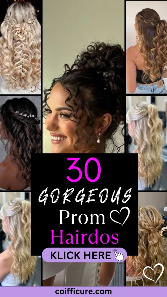 30 Gorgeous Prom Hairdos – A Pinterest pin highlighting stunning prom hairstyles, including intricate braids, soft curls, and voluminous waves. Bold pink and white text stands out on a black background with handwritten accents for a modern touch. A lavender 'KLICK HERE' button invites action, while coifficure.com branding ensures trustworthiness. Features diverse hair textures styled elegantly for formal occasions, with a romantic heart graphic completing the design.
