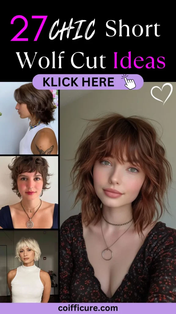 Pinterest pin titled '27 Chic Short Wolf Cut Ideas' with bold white and pink text on a black background. Features a collage of short wolf cut hairstyles with messy layers, natural texture, and edgy vibes. A lavender button labeled 'KLICK HERE' with a hand icon encourages engagement. Branding 'coifficure.com' appears at the bottom, focusing on trendy short haircuts.