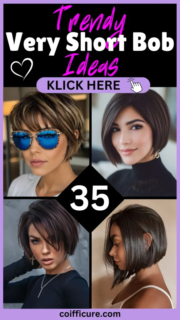 Stylish Pinterest pin titled “Trendy Very Short Bob Ideas – 35” showing four chic short bob hairstyles. Features include blunt cuts, layered bobs, and edgy undercut styles, perfect for a modern and confident look. Black background with bold white and pink text, heart doodle, and lavender “KLICK HERE” button. Ideal for women craving bold, low-maintenance hair. Website coifficure.com shown at the bottom in a soft lavender footer.
