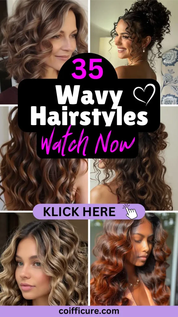 Eye-catching Pinterest pin titled “35 Wavy Hairstyles – Watch Now” showing diverse wavy hair textures from loose to defined curls. Features layered waves, updos, and highlights. Black background with white and pink text, lavender “KLICK HERE” button, and heart icon. Great for everyday glam or special occasions. Website: coifficure.com.