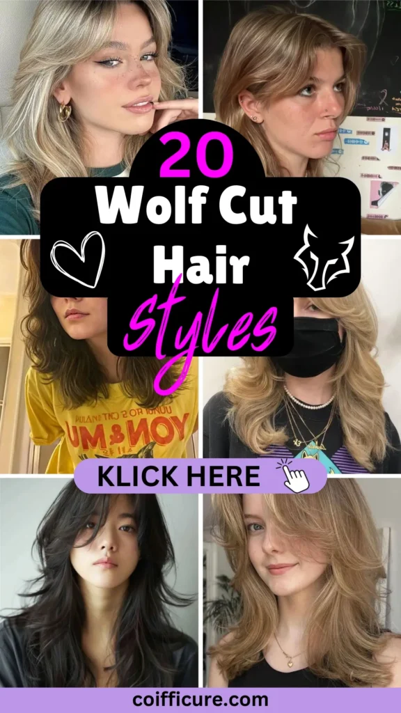 Pin highlighting '20 Wolf Cut Hair Styles' in bold white and pink text on a black banner. Showcases wolf cut hairstyles with layered cuts, curtain bangs, and voluminous waves for various hair lengths. A lavender button labeled 'KLICK HERE' with a hand icon provides a call-to-action. Branding 'coifficure.com' is displayed at the bottom in lavender, emphasizing bold haircut trends