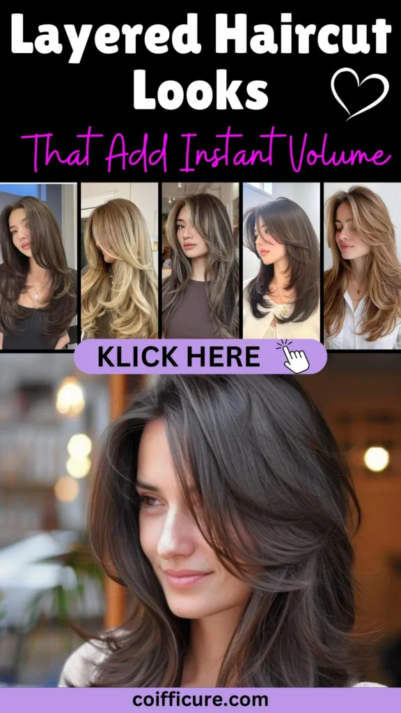 Pinterest pin titled “Layered Haircut Looks That Add Instant Volume” featuring six voluminous layered hairstyles in brunette, blonde, and caramel tones. Styles range from soft face-framing layers to bold feathered cuts. Text design includes bold white and pink fonts, a lavender “KLICK HERE” button, and heart doodle. Perfect for women seeking hairstyles that boost body and bounce. Website coifficure.com appears in the footer.