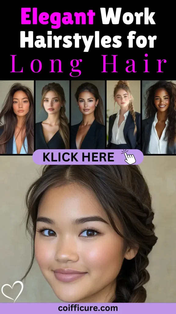 Pinterest image featuring six women with elegant long hairstyles like ponytails, loose waves, braids, and updos. Title text says “Elegant Work Hairstyles for Long Hair” in bold white and pink fonts on black background. Includes “KLICK HERE” button and URL coifficure.com. Visual theme is soft, graceful, and office-appropriate—perfect for professionals looking for refined, long hair looks.