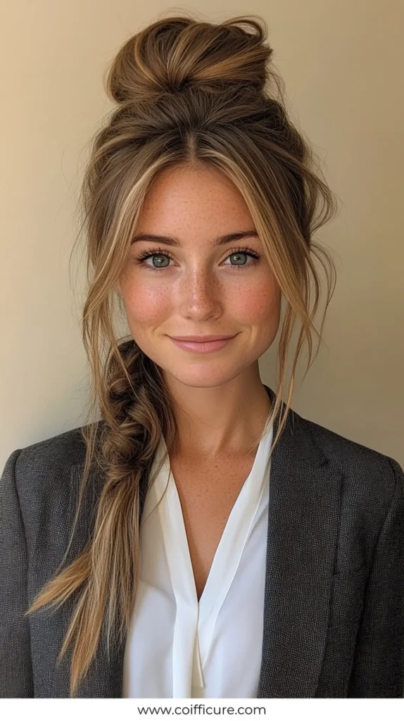 Updo With Messy Braid Bun 2 Elegant Work Hairstyles for Long Hair 15