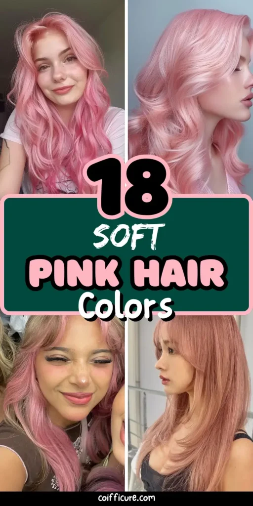 Image features 18 soft pink hair colors, showcasing four women with pastel pink shades. The text “18 Soft Pink Hair Colors” is written in playful fonts with dark green and blush tones. Styles include voluminous waves, soft layers, and curtain bangs in cotton candy and dusty rose pinks. The theme celebrates feminine, trendy, and gentle hair color options for a fresh look.