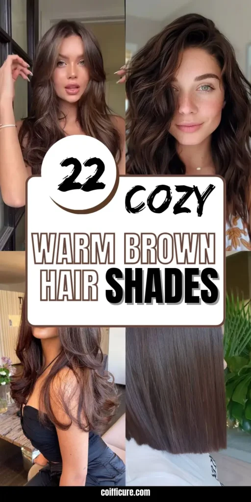 Image features 22 cozy warm brown hair shades, displayed through four women with rich, glossy brown hairstyles. The text “22 Cozy Warm Brown Hair Shades” is prominently shown in earthy tones. Styles include voluminous layered waves, bouncy mid-length curls, and sleek blunt cuts. The theme emphasizes natural warmth, elegance, and seasonal appeal, perfect for soft transformations and glowing brunette inspiration.