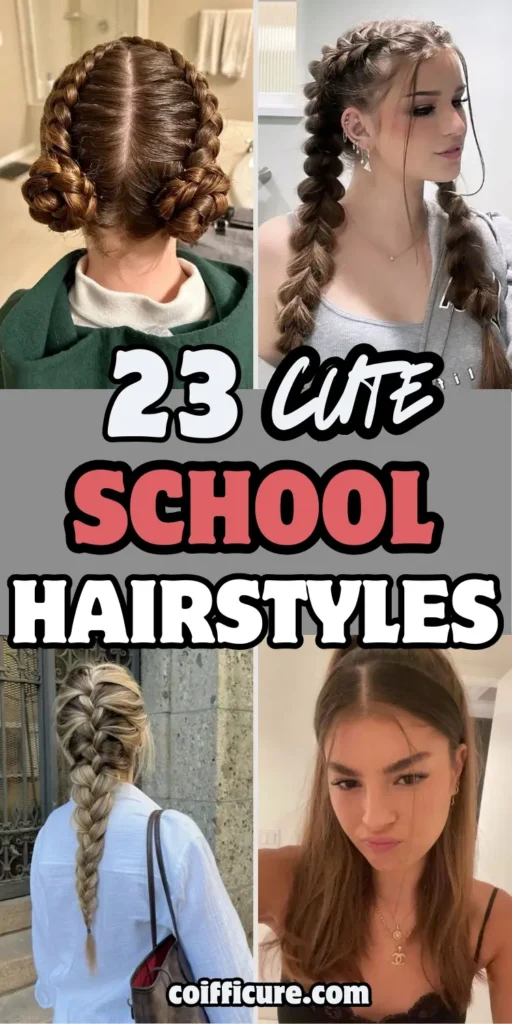 Image displays 23 cute school hairstyles in a collage layout with bold, playful typography. Featured styles include braided buns, double bubble braids, a loose side braid, and a simple half-up do with center part. The design feels youthful, clean, and school-appropriate, targeting girls and teens looking for quick, stylish hair inspiration for everyday school looks.