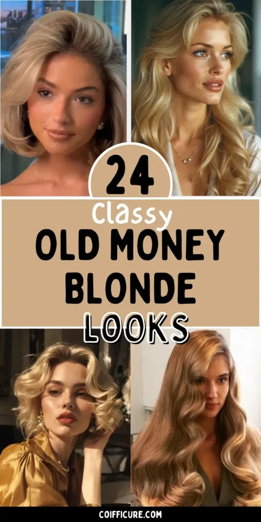 Image presents 24 classy old money blonde looks with four women wearing polished, vintage-inspired blonde hairstyles. The text “24 Classy Old Money Blonde Looks” is shown in chic fonts with soft beige and black tones. Hairstyles include voluminous blowouts, structured waves, and Hollywood curls. The theme captures timeless glamour and luxury, perfect for elegant and refined style lovers.