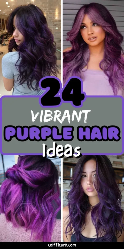 Image features 24 vibrant purple hair ideas in a colorful and eye-catching collage. Showcased looks include deep violet waves, bright magenta ombré, purple balayage, and soft lavender hues. Hairstyles range from long, voluminous curls to mid-length half-up styles. The bold text reads “24 Vibrant Purple Hair Ideas” in playful purple, white, and black fonts. The theme exudes creativity, confidence, and standout hair color inspiration.