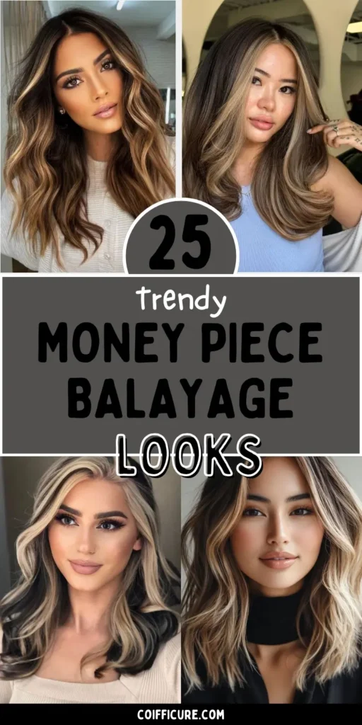 Image displays 25 trendy money piece balayage looks. Collage features medium to long hair with bold face-framing highlights in blonde and caramel tones paired with soft waves and sleek styling. Text reads “25 Trendy Money Piece Balayage Looks” in bold black and white letters. The overall theme is modern, fresh, and high-contrast, perfect for adding brightness and dimension to brunette and dark hair bases.