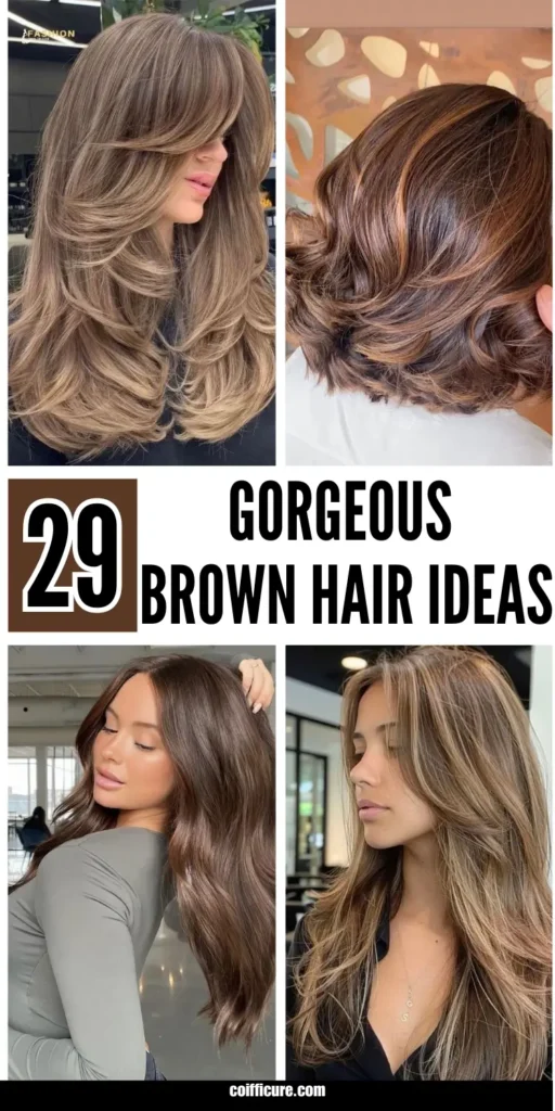 Image displays 29 gorgeous brown hair ideas with various styles shown in four pictures. The text “29 Gorgeous Brown Hair Ideas” is centered in black and brown fonts. Hairstyles include long layered cuts, soft waves with caramel highlights, and voluminous blowouts. The theme emphasizes elegant and flattering brunette hair inspiration for women wanting depth, shine, and timeless style.