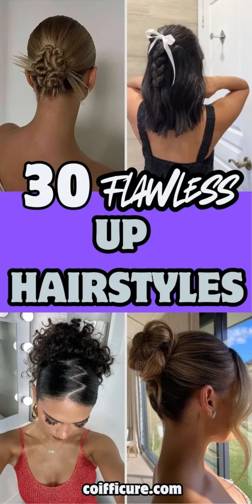Image features 30 flawless up hairstyles with four examples of updos. Text reads “30 Flawless Up Hairstyles” in bold white and purple fonts. Hairdos include a polished braided bun, half-up braid with ribbon, curly puff updo, and a sleek top bun. The theme highlights versatility, elegance, and stylish simplicity for all hair types and events.