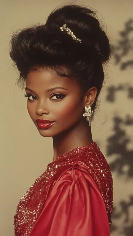 Glamorous Retro Revival: The 80s Black Updo with a Sparkling Touch - 80s Prom Hair
