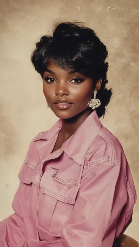 Retro Glam Revival: Textured Ebony Waves - 80s Prom Hair