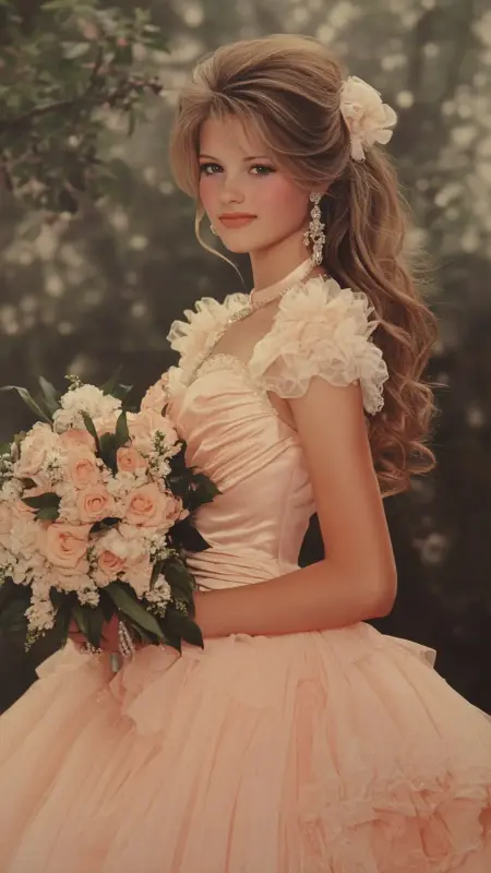 Blossom in Time: Enchanting 80s Prom Curls with Floral Flair - 80s Prom Hair