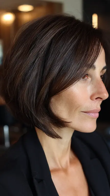 Angled Bob with Side-Swept Bangs - Shoulder Length Hairstyles For Women Over 60