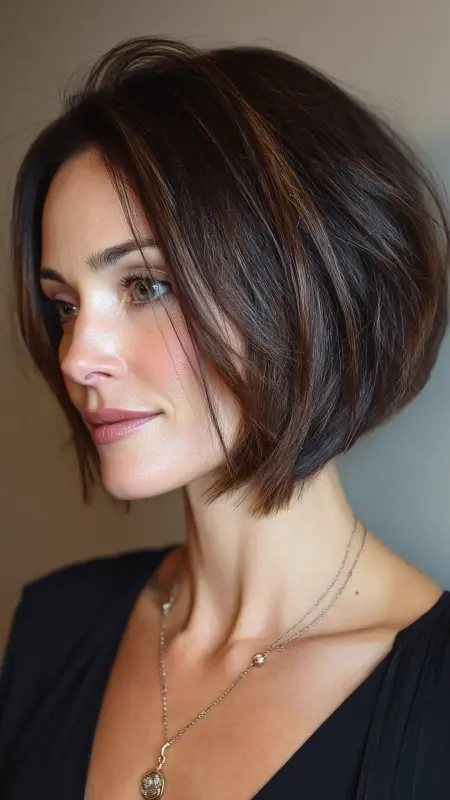 Angled Bob with Subtle Layers - Shoulder length haircut for round faces