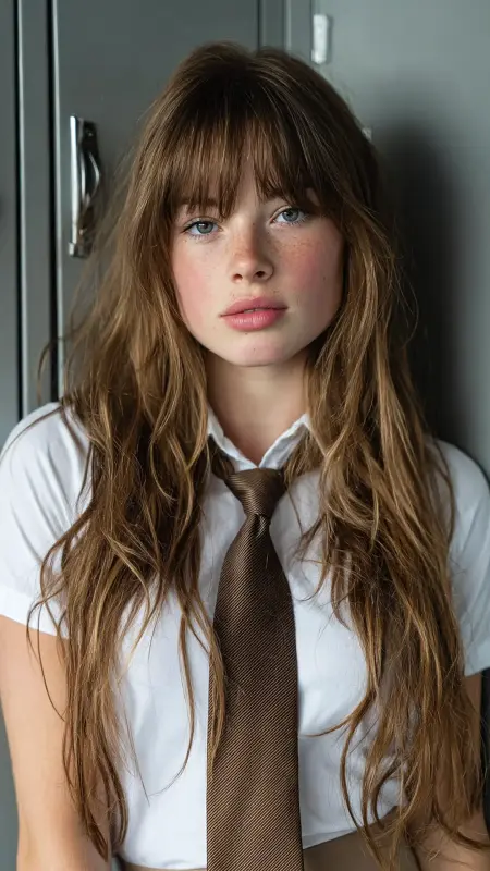 Ash Brown with Curtain Bangs - Hair color ideas for school