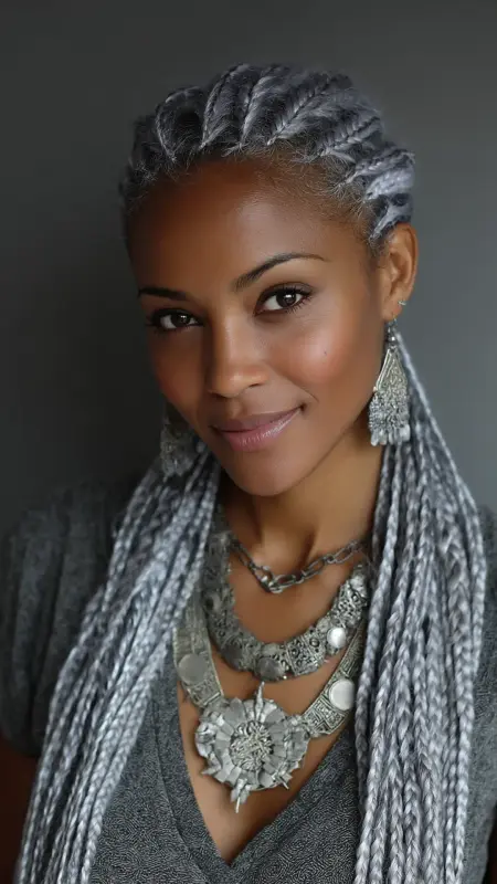 Ash Silver Box Braids -  silver hair color ideas 