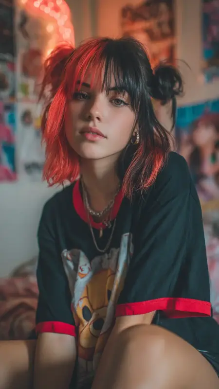 Black Red Split-Dye Lob - Hair color for college students