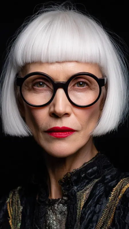 Blunt Cut with Micro Bangs - Short white hair for older women
