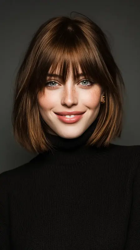 Blunt Lob with Curtain Bangs - Medium length haircut for round faces