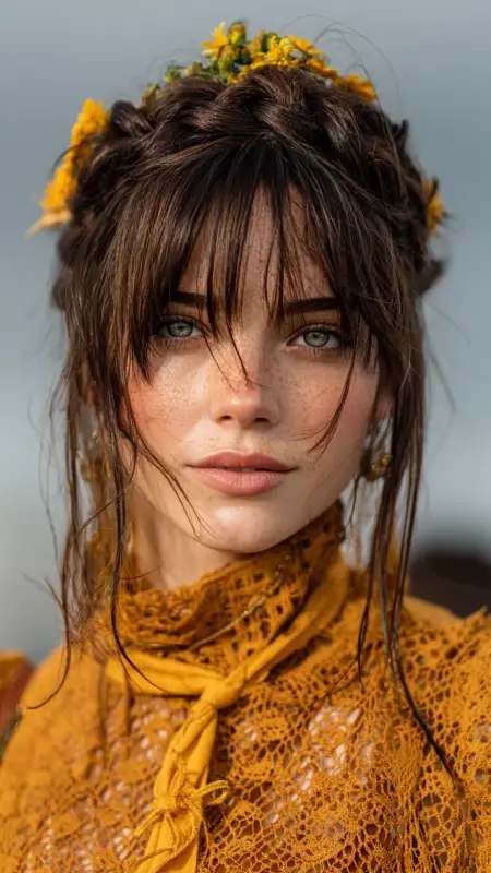 Boho Fishtail Braid with Curtain Bangs - long curtain bangs round face