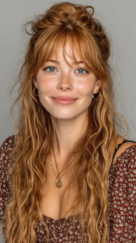 Boho Half-Up with Curtain Bangs - long curtain bangs round face