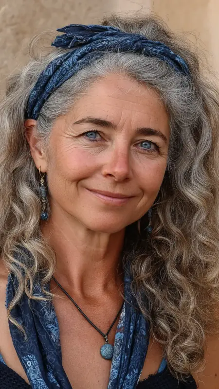 Boho Silver Waves with Headband - gray hair styles for women over 50