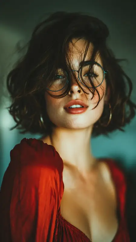Bouncy Curly Bob with Side Swept Bangs - short curly hair with glasses