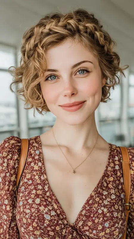 Braided Crown with Curls - Airport Hairstyles for Curly Hair