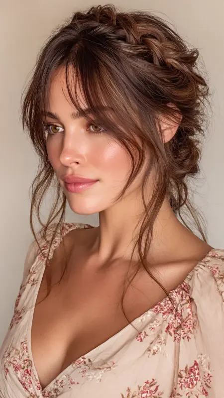 Braided Half-Updo with Curtain Bangs - Face framing curtain bangs