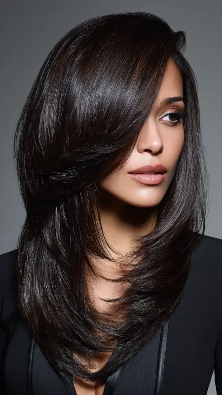Enchanting Brunette Butterfly Layers - Butterfly Haircut With Side Part
