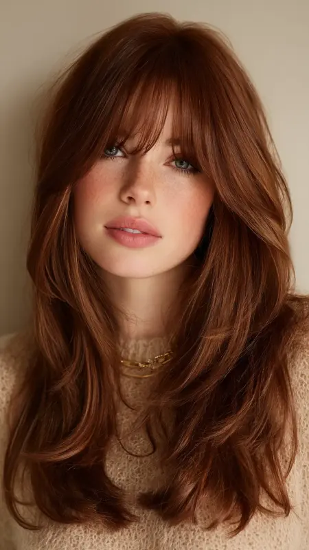 Radiant Auburn Cascade: The Enchanting Butterfly Cut - Butterfly Haircut With Side Part