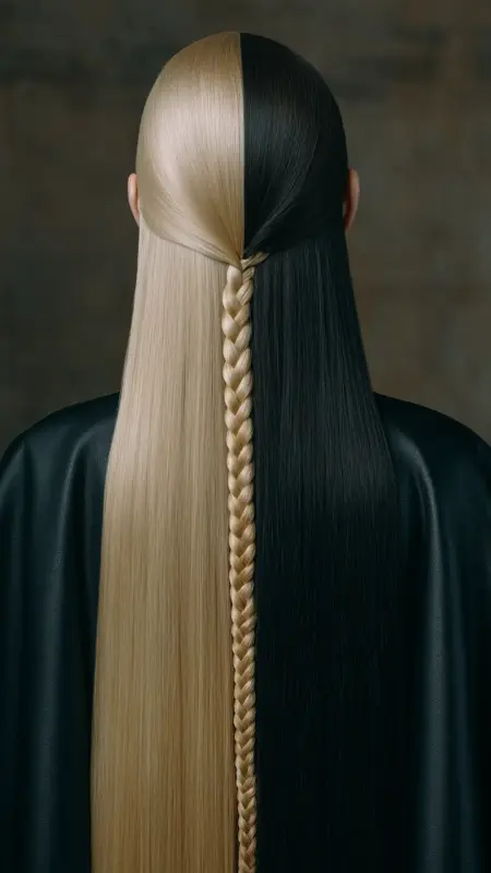 Center Braid Long Hair - Champagne Blonde - Two hair colors split