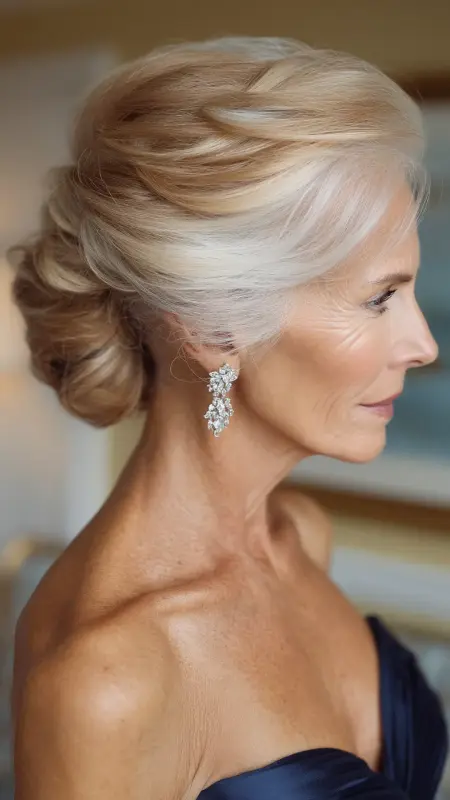 Champagne Blonde Swept-Back Updo - hair color ideas for women over 70